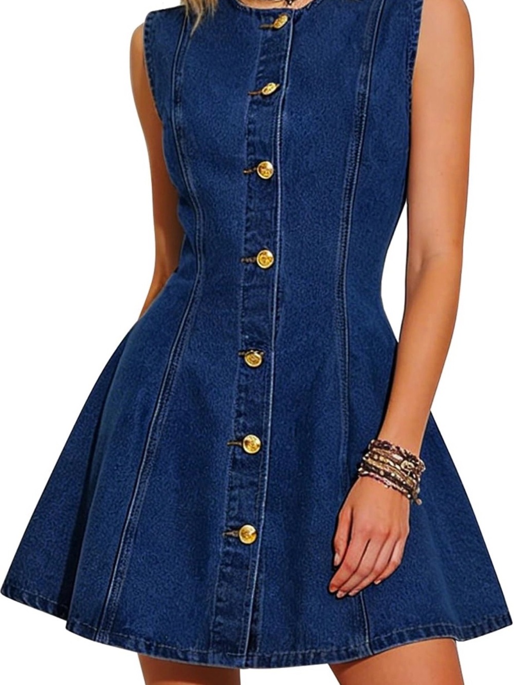 Sleeveless Dark Blue Denim Button-Front Fit & Flare Dress
